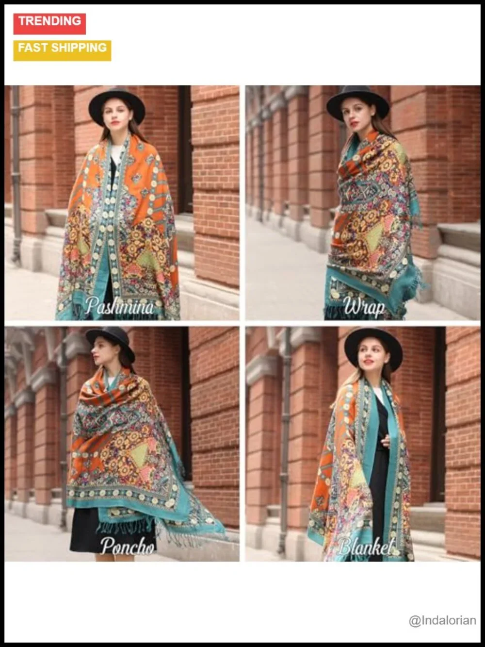 100% Merino Wool Pashmina Shawl Oversized Wrap with Tassels